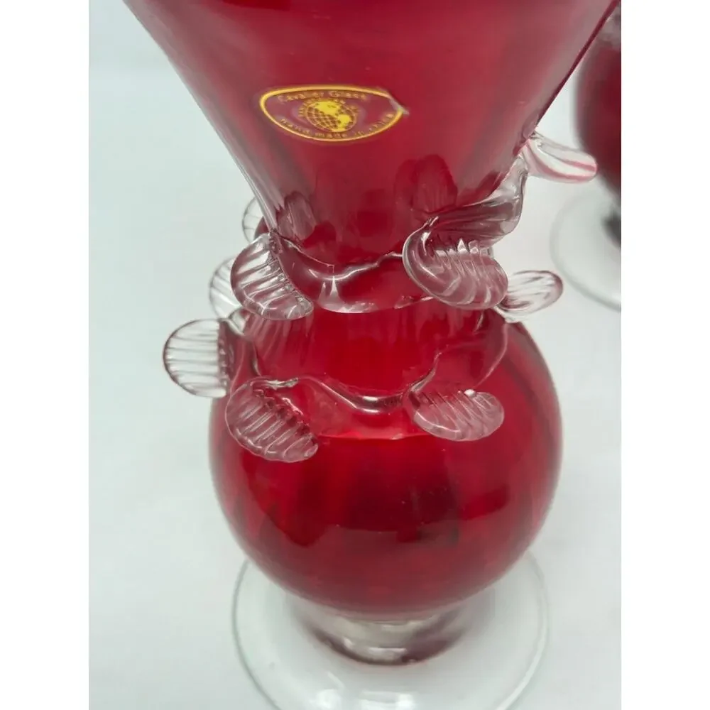 Vintage Cavalier Ruby Red Glass Hand Made Vase With Clear Applied Wrap 8” Tall